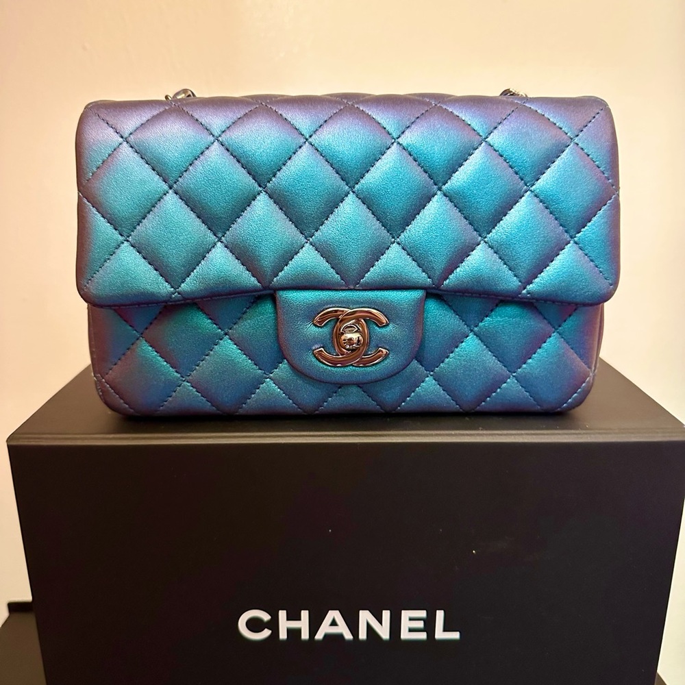 Authentic Chanel mini rectangular flap in iridescent turquoise
